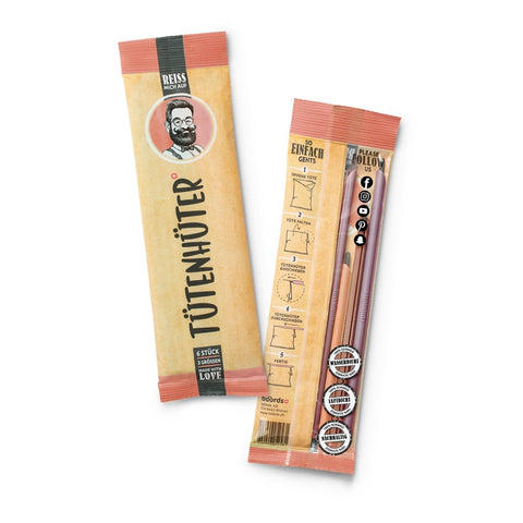 Vorder- und Rückansicht der „Tütenhüter“-Papierverpackung mit einer Illustration eines Mannes im Vintage-Stil und einer 5-Schritt-Anleitung zum Verschließen von Beuteln.