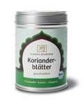 Eine silberne Metalldose „Korianderblätter geschnitten“ von Classic Ayurveda mit einem hell- und dunkelgrünen Etikett sowie einem Bio-Siegel.