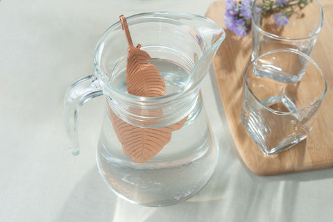 Kupferfeder-Infuser in einem Glaskrug mit Wasser neben zwei Trinkgläsern.
