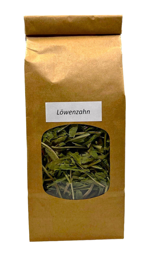 Ein brauner Papierbeutel mit einem kleinen Sichtfenster, das getrocknete, grüne Löwenzahnblätter zeigt, beschriftet mit einem weißen Etikett „Löwenzahn“.