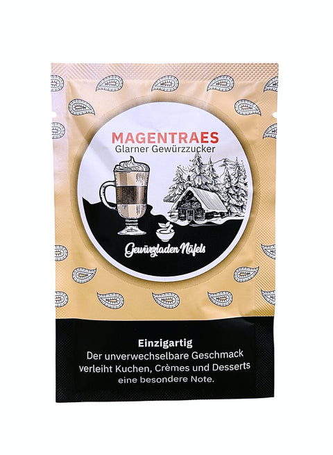 Tütchen "Magentraes Glarner Gewürzzucker" mit Illustration einer Hütte und Kaffee.