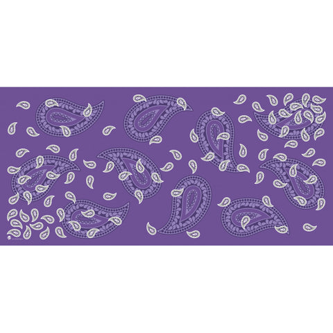 Ein lila Mikrofaser-Strandtuch mit einem großflächigen Paisley-Design, bestehend aus großen dunkelvioletten Motiven und kleineren weißen Tropfenmustern auf der gesamten Oberfläche.