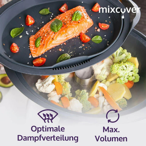 Gedämpftes Gemüse unten und Lachs auf dem Tablett oben, der Dampfkamin in Gebrauch.