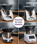 Vierteiliges Collage-Bild, das den mixcover Thermo-Griff Deckelhalter auf vier verschiedenen Küchenmaschinen (Thermomix TM6 und TM5, Bosch Cookit, Monsieur Cuisine Connect) zeigt, mit dem zentralen Text: „Passend für viele Modelle“.