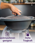 Eine Hand hält den mixcover Thermo-Griff auf dem Mixtopfdeckel eines Küchengeräts. Der Text hebt die Vorteile hervor: „Spülmaschinen geeignet“ und „Hohe Tragkraft“.