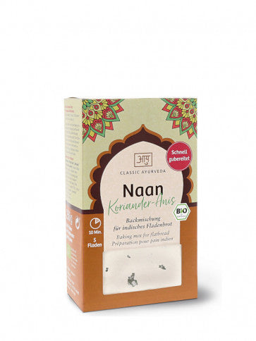 Packung „Classic Ayurveda“ Bio-Backmischung für Naan-Brot mit Koriander und Anis. Die Verpackung ist hellgrün und braun mit Ornamenten im indischen Stil.