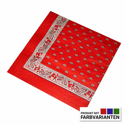 Eine einzelne rote Papierserviette mit einer weiß-schwarzen Paisley-Bordüre und kleinen Tropfenmotiven, ergänzt durch einen Hinweis in der Ecke auf verschiedene Farbvarianten.