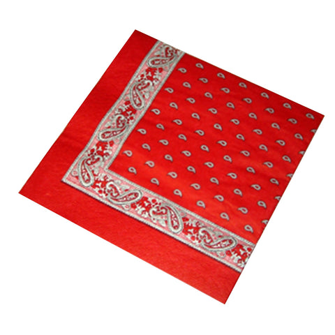 Eine einzelne rote Papierserviette mit einer klassischen weiß-schwarzen Paisley-Bordüre und einem wiederkehrenden Tropfenmuster in der Mitte.