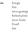 Tabelle mit den durchschnittlichen Nährwerten pro 100 g eines Lebensmittels (wahrscheinlich gemahlener schwarzer Pfeffer), aufgeführt sind Energie, F, Kohlenhydrate, Eiweiß und Salz.