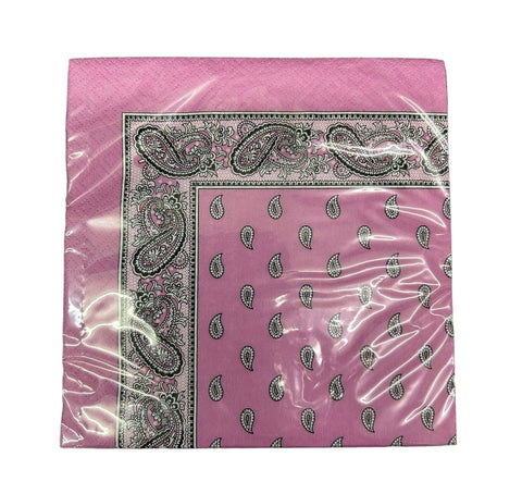 Eine eingeschweißte Packung rosa Papierservietten mit einer schwarz-weißen Paisley-Bordüre und einem passenden Tropfenmuster in der Mitte.