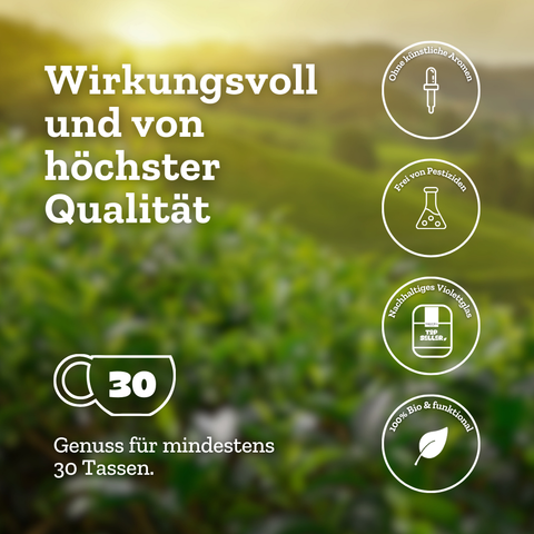 Eine Infografik vor einem unscharfen Hintergrund einer Teefarm, die die hohe Qualität der "So Damn Pretty" Grünteemischung bewirbt. Die Icons heben hervor: Ohne künstliche Aromen, Frei von Pestiziden, im Nachhaltigen Violettglas verpackt und 100% Bio & funktional. Der Text verspricht mindestens 30 Tassen Genuss.