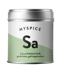 Eine silberne Metalldose „Myspice“ Salatkräuter. Das Etikett ist hellgrün und weiß mit einem großen „Sa“-Logo und dem Hinweis, dass die Kräuter geschnitten und gefriergetrocknet sind.