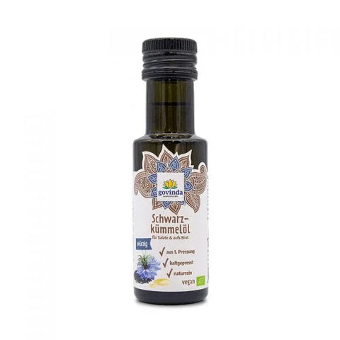Kleine dunkle Flasche Govinda Bio-Schwarzkümmelöl.