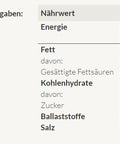 Eine Nährwerttabelle für „Sharkara“-Zucker mit Angaben pro 100 g, darunter 401 kcal, 100 g Kohlenhydrate und 100 g Zucker.