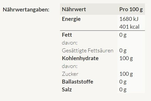 Eine Nährwerttabelle für „Sharkara“-Zucker mit Angaben pro 100 g, darunter 401 kcal, 100 g Kohlenhydrate und 100 g Zucker.