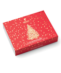 Ein roter Sirocco Tee-Adventskalender mit einem großen goldenen Weihnachtsbaum, umgeben von goldenen Sternen und dem Text „24 Bio-Teespezialitäten für eine besinnliche Adventszeit“.