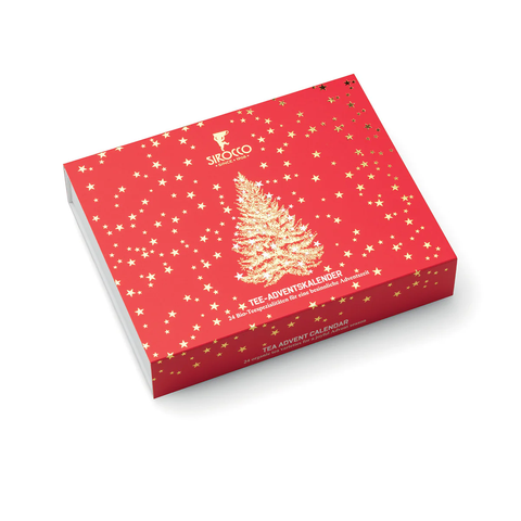 Ein roter Sirocco Tee-Adventskalender mit einem großen goldenen Weihnachtsbaum, umgeben von goldenen Sternen und dem Text „24 Bio-Teespezialitäten für eine besinnliche Adventszeit“.