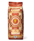 Eine orangerote Kaffeepackung von „Sirocco Cafe Bio Crema Pure Arabica“ mit goldenem Art-déco-Muster und einem „bio.inspecta“-Bio-Zertifizierungssiegel am unteren Rand.