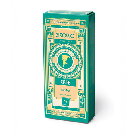 Eine petrolfarbene und goldene Schachtel Sirocco „Cafe Crema“ Kapseln im Art-déco-Stil mit 10 „Pure Arabica“-Kapseln.