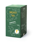 Eine dunkelgrüne Schachtel mit biologischem Sirocco Genmaicha-Tee, beschrieben als grüner Tee mit Reis.