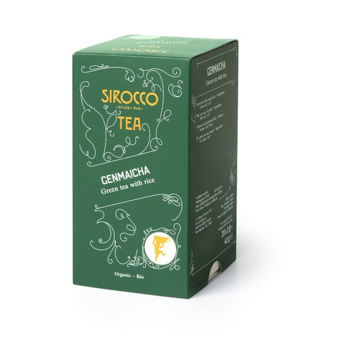 Eine dunkelgrüne Schachtel mit biologischem Sirocco Genmaicha-Tee, beschrieben als grüner Tee mit Reis.