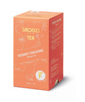 Eine orangefarbene Schachtel Sirocco „Rooibos Tangerine“ Bio-Kräutertee mit eleganten goldenen Schnörkeln und einer Seitenwand mit Zutatenlisten in mehreren Sprachen.