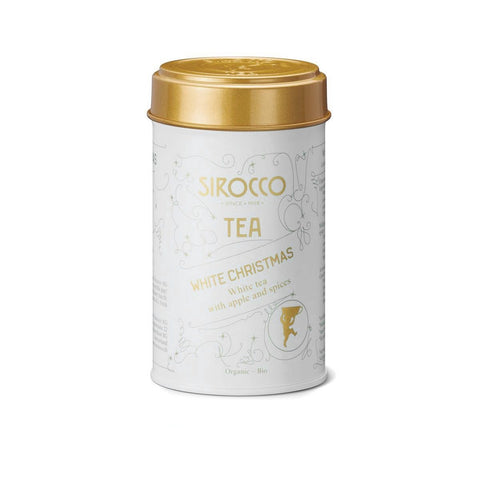 Eine weiße, zylindrische Metalldose für Sirocco „White Christmas“ Bio-Weißtee, mit einem goldenen Deckel und festlichen goldenen Illustrationen von Sternen und Ornamenten.