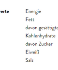 Eine Tabelle mit durchschnittlichen Nährwerten pro 100 g, die unter anderem 169 kcal, 40 g Kohlenhydrate und 39,0 g Salz ausweist.