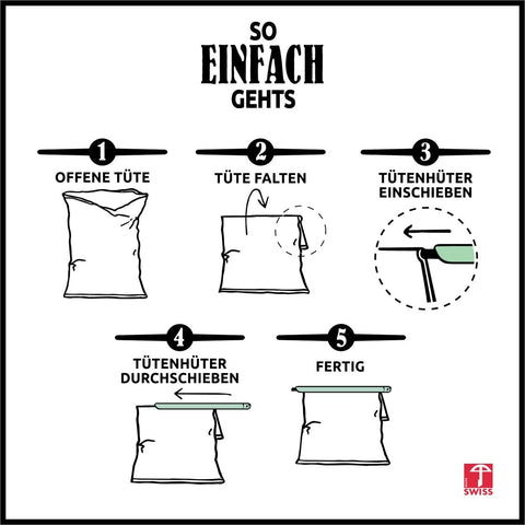 Eine fünfstufige Anleitung mit dem Titel „SO EINFACH GEHTS“, die zeigt, wie man einen „Tütenhüter“-Beutelverschluss durch Falten der Tüte und Aufschieben des Stabs verwendet.