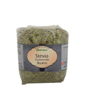 Ein Klarsichtbeutel mit getrockneten grünen Kräutern der Marke Gwürzhüsli, beschriftet mit „Stevia Zuckerersatz Bizarro“, der als Zuckerersatz dient.