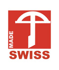 Logo "SWISS MADE" in Rot und Weiß, mit einem stilisierten Tütenhüter-Symbol in Form eines weißen Kreuzes.