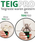 Vergleichsbild, das das Thermomix-Messer voller Teigreste („Ohne TEIGPRO“) im Gegensatz zu einem saubereren Messer mit dem „TEIGPRO“-Aufsatz zeigt, um weniger Teigreste zu demonstrieren.