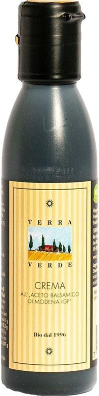 Eine Flasche Terra Verde Balsamico-Creme aus Modena IGP.
