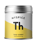 Eine silberne Gewürzdose mit einem gelb-weißen Etikett für „MYSPICE Th Thai Curry Gewürzzubereitung“.