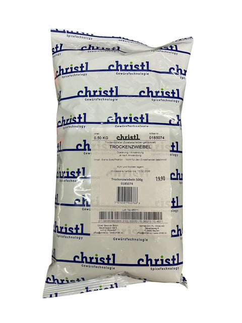 Ein großer, weißer Industriebeutel „Trockenzwiebel“ (getrocknete Zwiebelscheiben) von Christl GewürzTechnologie mit einem Gewicht von 0,50 kg und blauen Markenlogos auf der Verpackung.