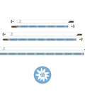 Drei Bag-Clips (Tütenhüter) in unterschiedlichen Längen, mit einem blau-weißen Edelweiß-Muster auf der Vorderseite, und ein kreisförmiges Logo mit dem stilisierten Edelweiß darunter.