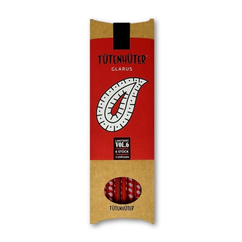 Sechser-Set Tütenhüter "Glarus" (Limitiert Vol. 6) in braun-roter Verpackung mit weißem Paisley-Muster.