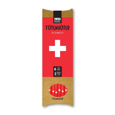 Verpackung für Tütenhüter (Tütenverschlussclips) in Rot-Weiß mit Schweizer Kreuz, Aufschrift "SWISS MADE TÜTENHÜTER SCHWEIZ", 6 Stück, 3 Größen.