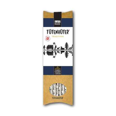 Sechser-Set Tütenhüter "Tradition" (Swiss Made) in braun-weiß-blauer Verpackung.