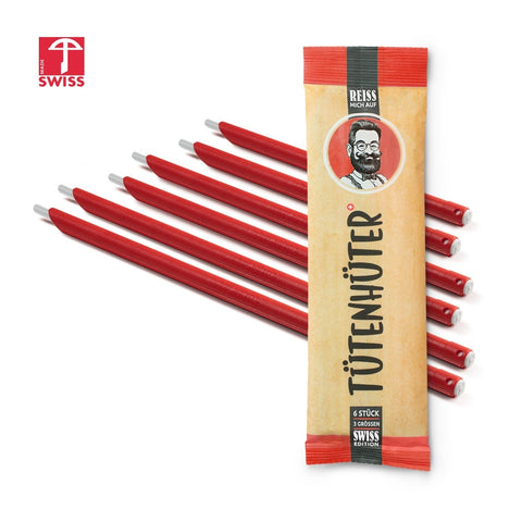 Eine Packung mit sechs leuchtend roten „Tütenhüter“ Swiss Edition Beutelverschlüssen in drei verschiedenen Größen, sowohl in der beigen Papierverpackung als auch diagonal daneben aufgereiht.