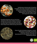 Eine Infografik zur "So Damn Pretty" Grünteemischung, die drei Hauptzutaten hervorhebt: Sanddornbeeren (oben links), Rosenblüten (Mitte rechts) und Grüner Tee (unten links), zusammen mit ihren Vorteilen und dem BIO-Siegel.