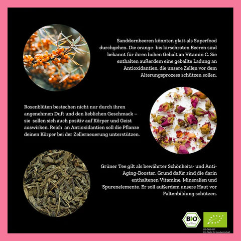 Eine Infografik zur "So Damn Pretty" Grünteemischung, die drei Hauptzutaten hervorhebt: Sanddornbeeren (oben links), Rosenblüten (Mitte rechts) und Grüner Tee (unten links), zusammen mit ihren Vorteilen und dem BIO-Siegel.